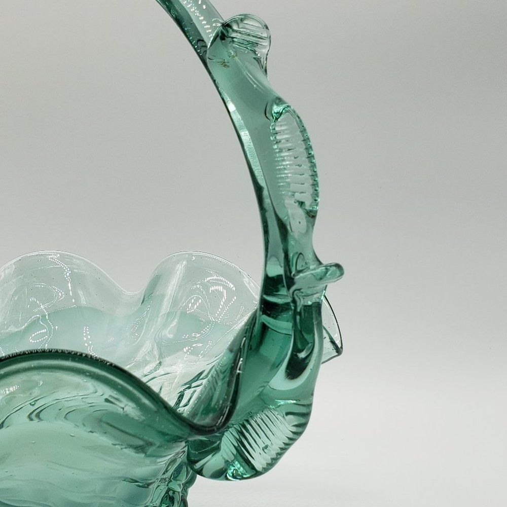 Teal White Blue Vintage Art Glass Ruffled Waffle Fruit Basket with Handle - Picture 13 of 15